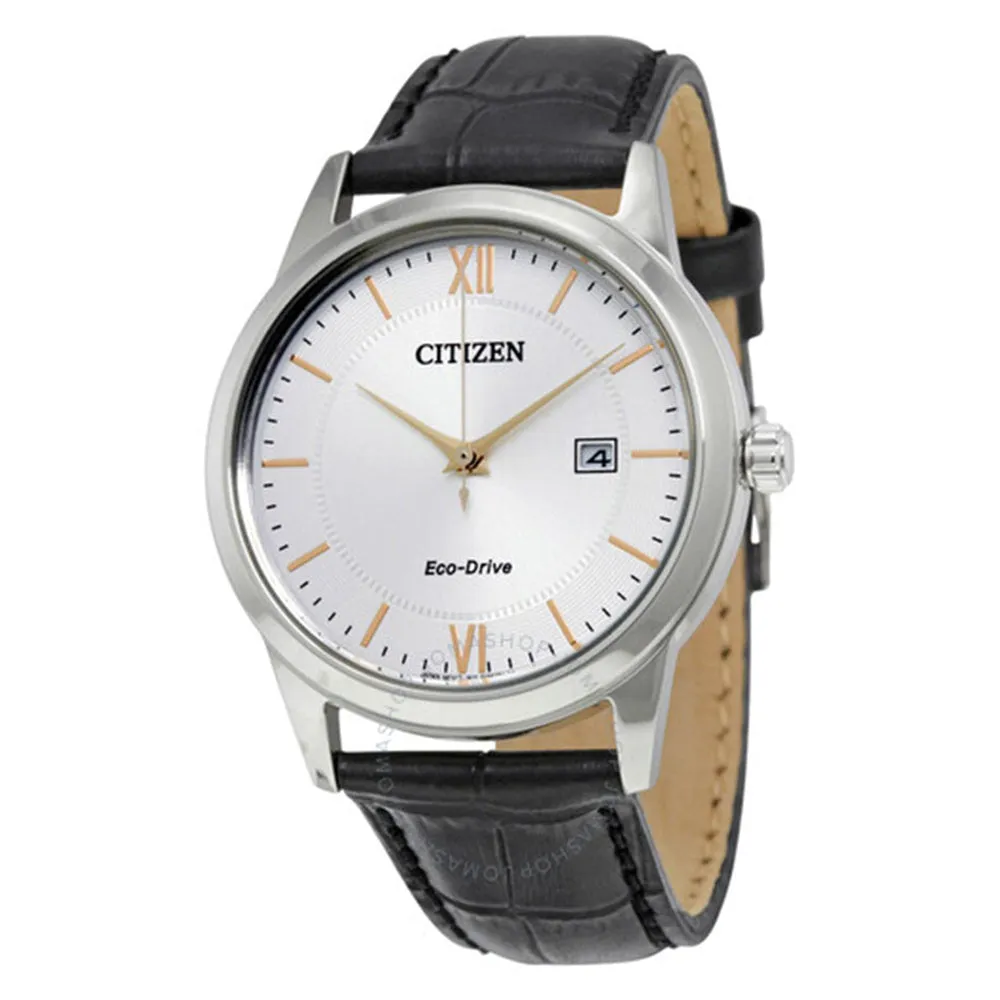 Citizen Eco-Drive Men's Stainless Steel Case Black Leather Silver Watch - AW1236-03A