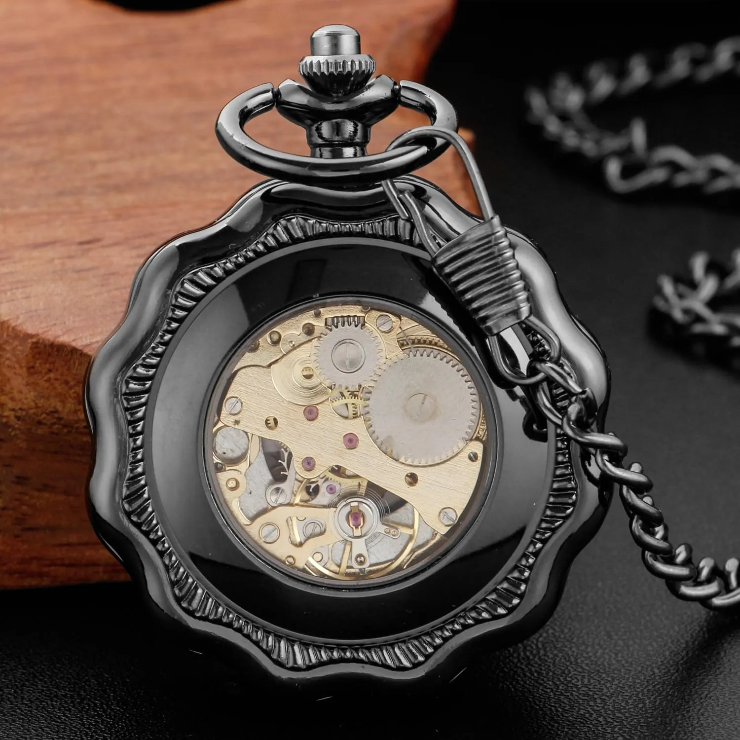 Classic Bronze/Black Mechanical Pocket Watches, Mechanical Vintage Bronze/Black Mechanical Pocket Watches Roman Numerals Black Dial Watches