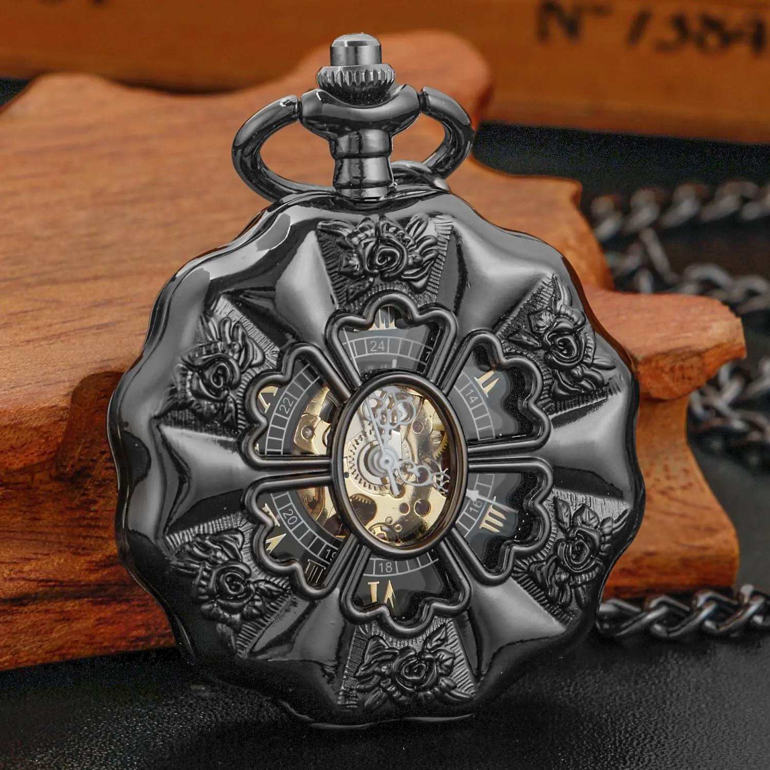 Classic Bronze/Black Mechanical Pocket Watches, Mechanical Vintage Bronze/Black Mechanical Pocket Watches Roman Numerals Black Dial Watches