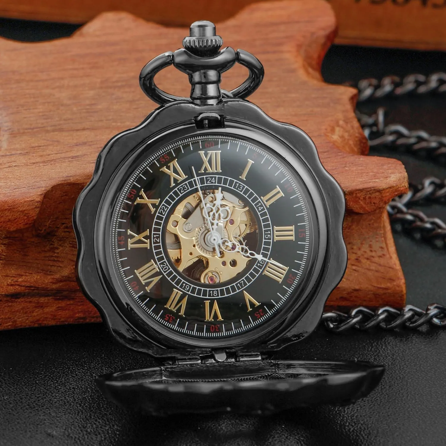 Classic Bronze/Black Mechanical Pocket Watches, Mechanical Vintage Bronze/Black Mechanical Pocket Watches Roman Numerals Black Dial Watches