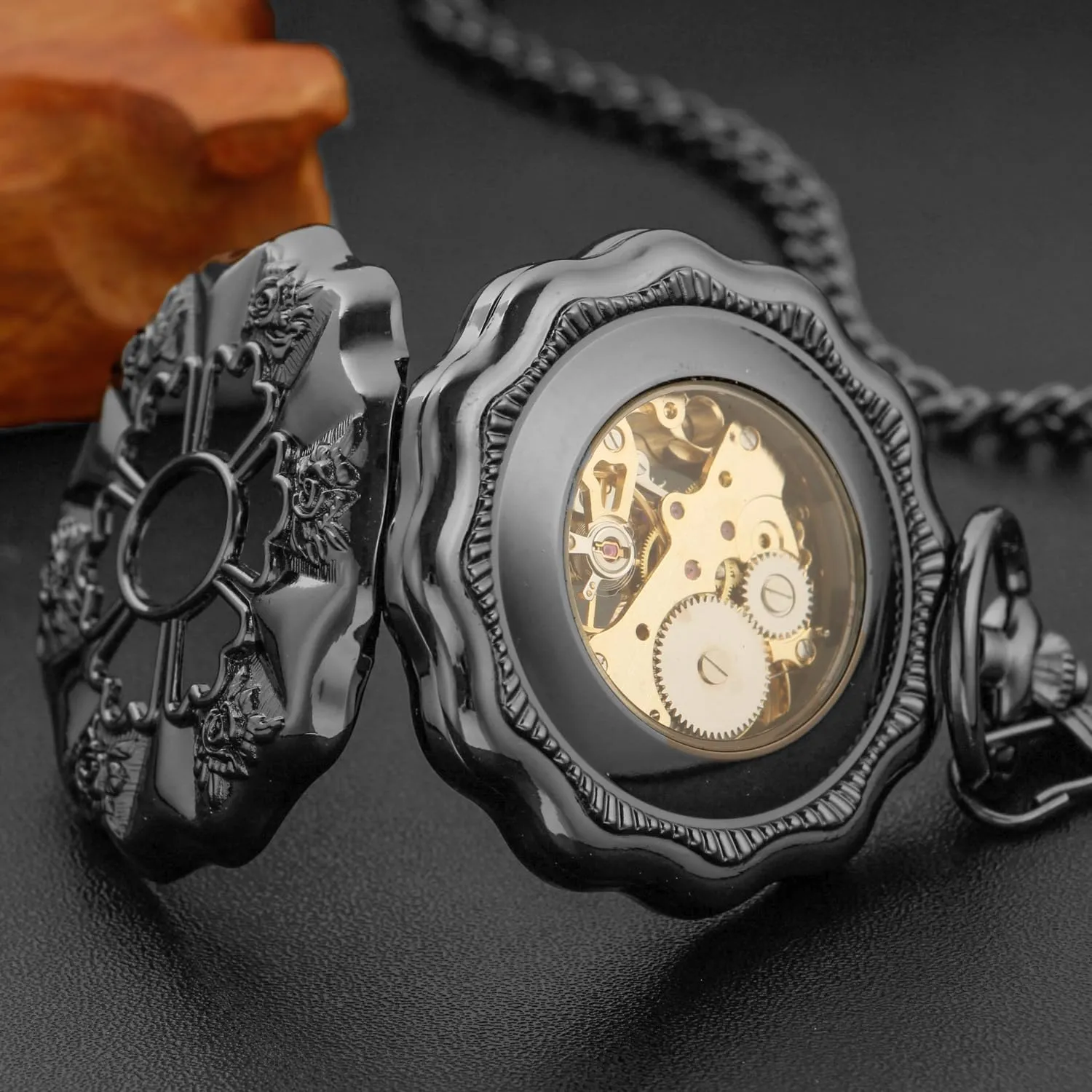 Classic Bronze/Black Mechanical Pocket Watches, Mechanical Vintage Bronze/Black Mechanical Pocket Watches Roman Numerals Black Dial Watches