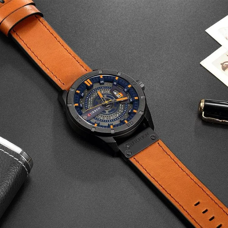 CURREN M8301 Men's Military Style Leather Quartz Watch with Date Display