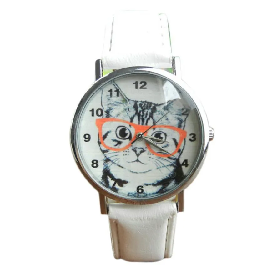 Cute Cat Pattern Watch Women Girl Leather Band Analog Quartz WristWatch