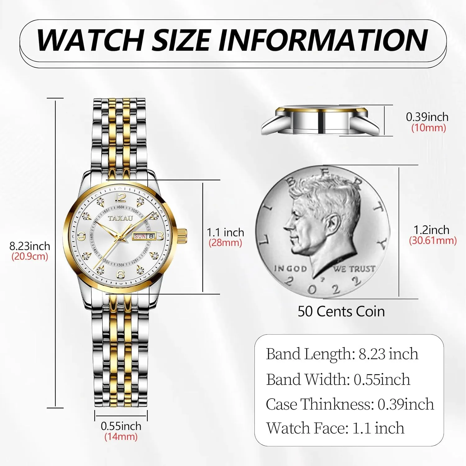 Dress Watches for Women Waterproof Ladies Watches Luxury Diamond Stainless Steel Quartz Women's Wrist Watches with Day Date Silver Two Tone Classic Female Watch Dainty Small Face