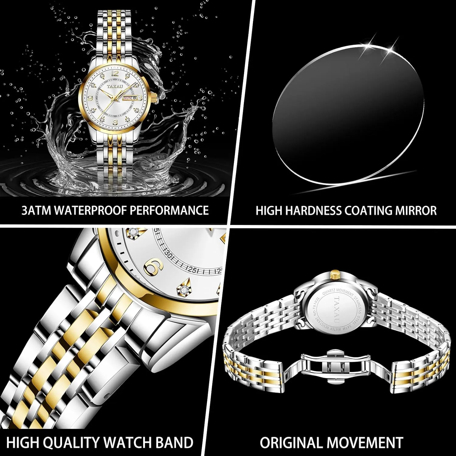 Dress Watches for Women Waterproof Ladies Watches Luxury Diamond Stainless Steel Quartz Women's Wrist Watches with Day Date Silver Two Tone Classic Female Watch Dainty Small Face
