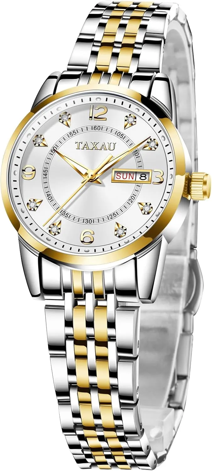 Dress Watches for Women Waterproof Ladies Watches Luxury Diamond Stainless Steel Quartz Women's Wrist Watches with Day Date Silver Two Tone Classic Female Watch Dainty Small Face