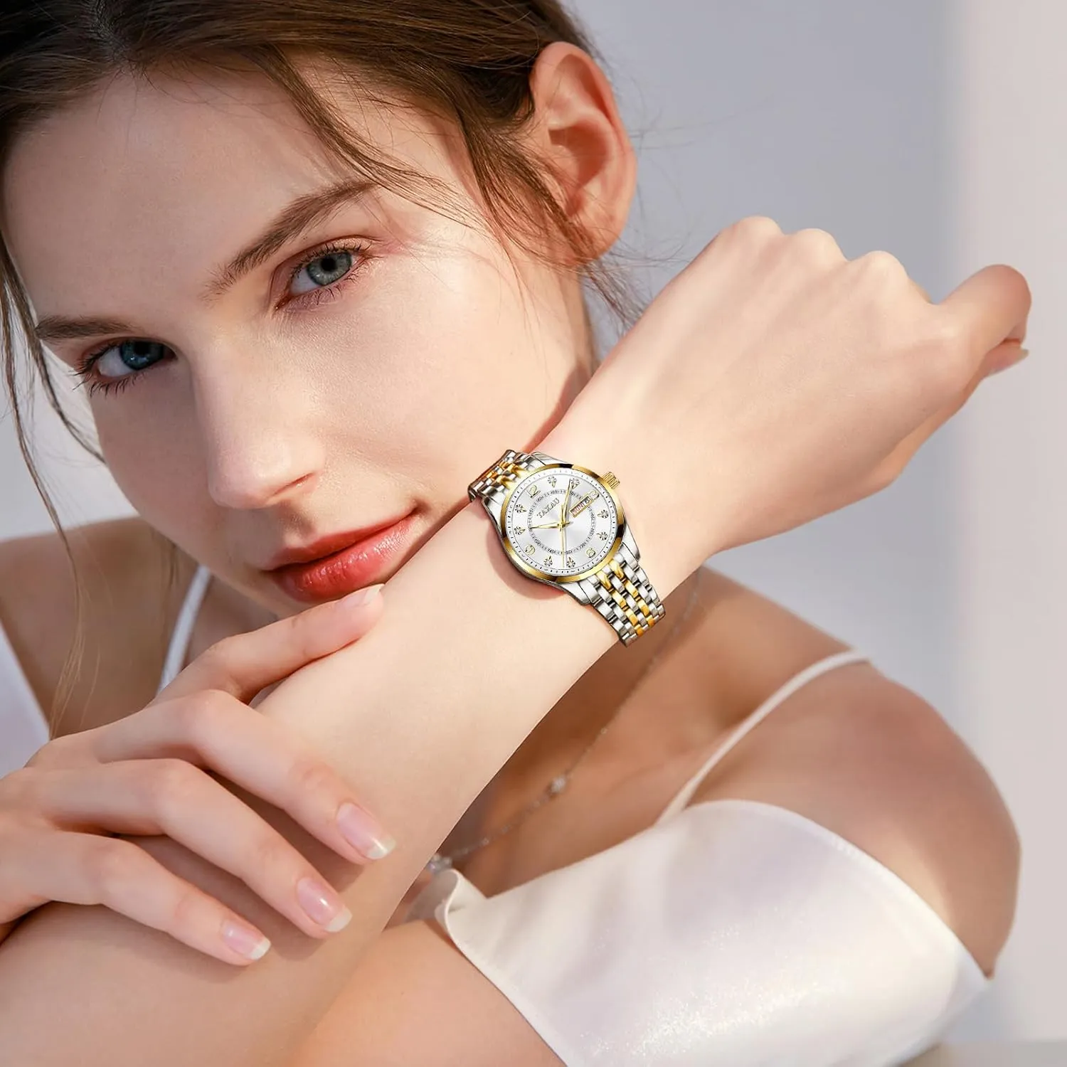 Dress Watches for Women Waterproof Ladies Watches Luxury Diamond Stainless Steel Quartz Women's Wrist Watches with Day Date Silver Two Tone Classic Female Watch Dainty Small Face