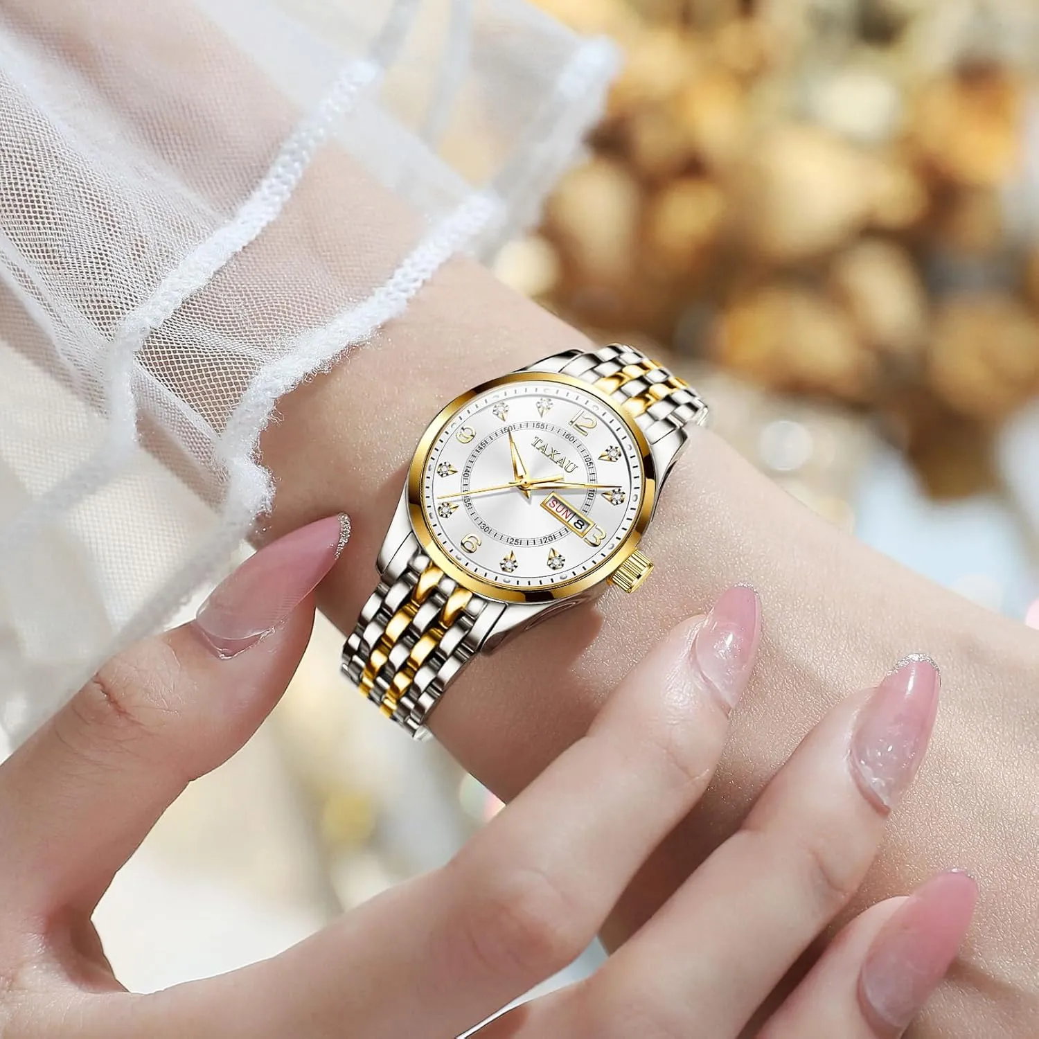 Dress Watches for Women Waterproof Ladies Watches Luxury Diamond Stainless Steel Quartz Women's Wrist Watches with Day Date Silver Two Tone Classic Female Watch Dainty Small Face
