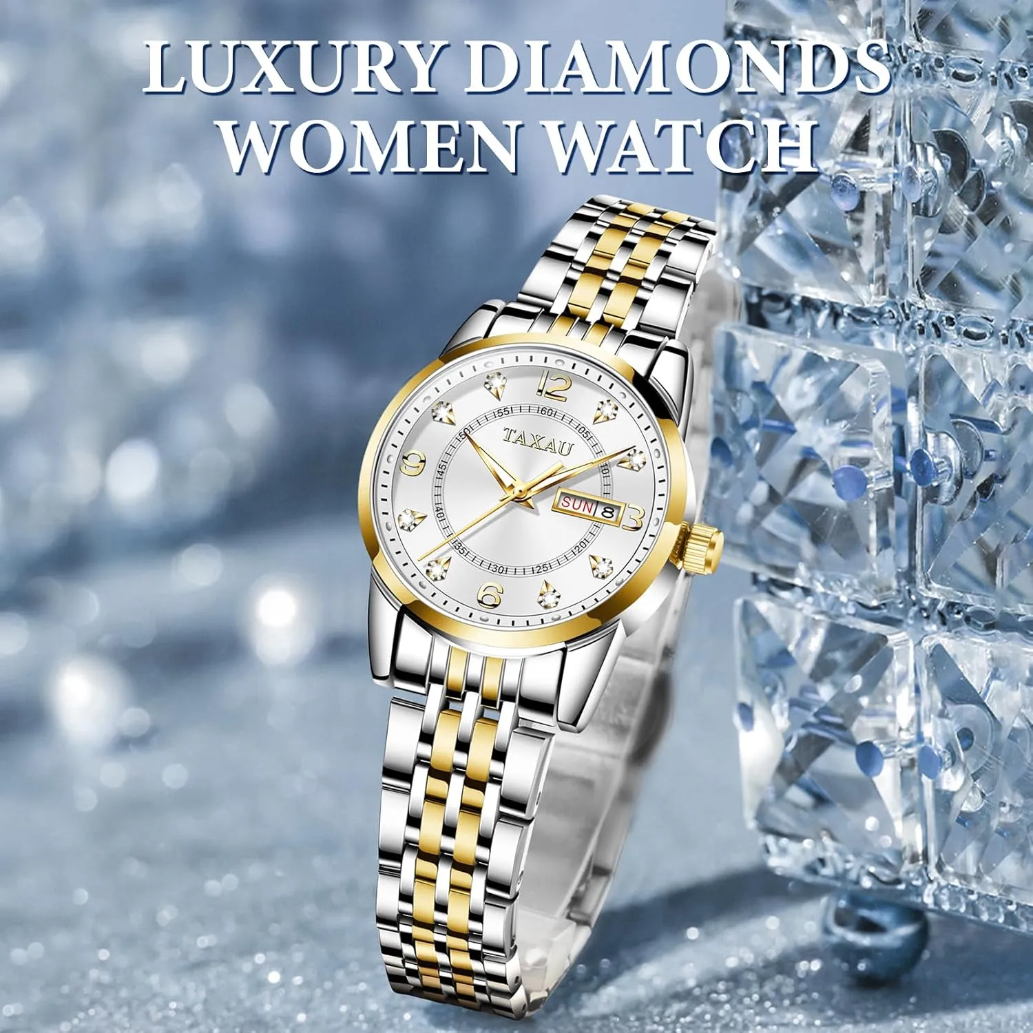Dress Watches for Women Waterproof Ladies Watches Luxury Diamond Stainless Steel Quartz Women's Wrist Watches with Day Date Silver Two Tone Classic Female Watch Dainty Small Face