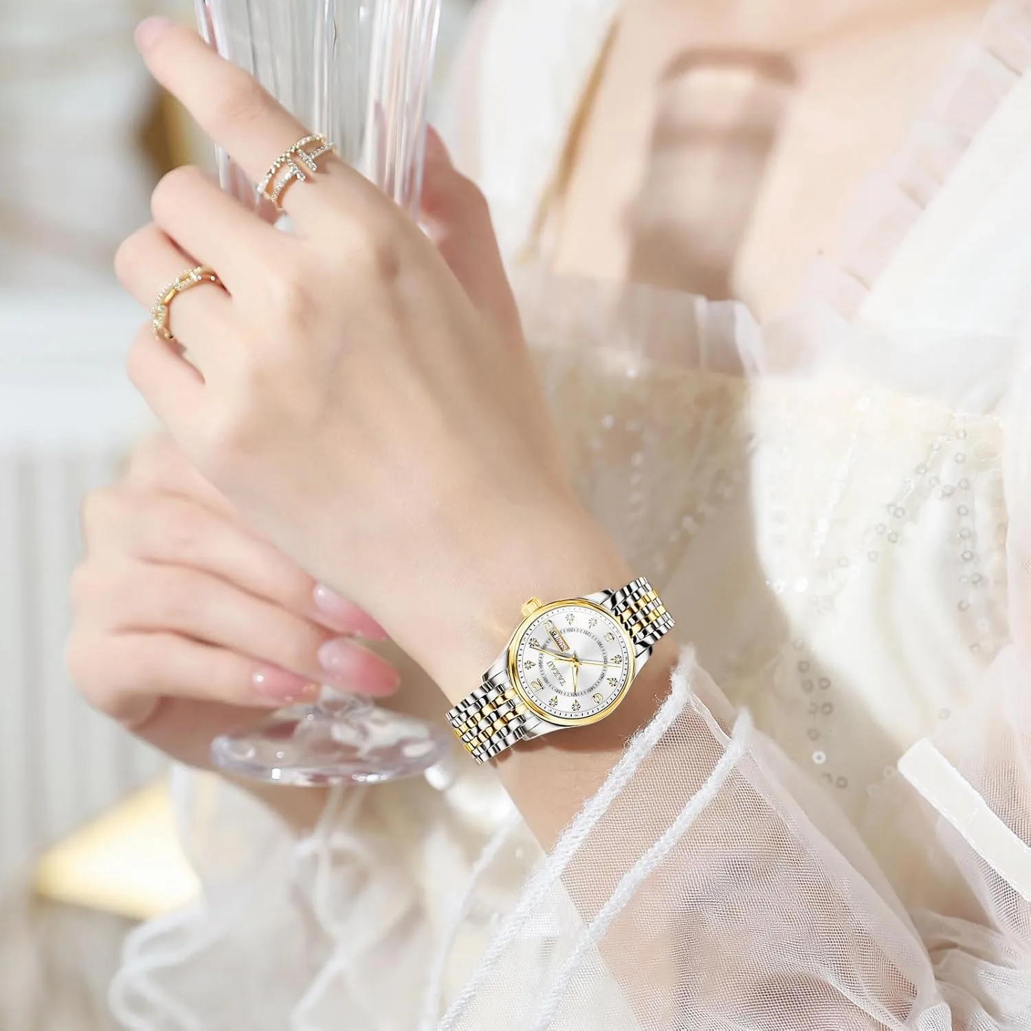 Dress Watches for Women Waterproof Ladies Watches Luxury Diamond Stainless Steel Quartz Women's Wrist Watches with Day Date Silver Two Tone Classic Female Watch Dainty Small Face
