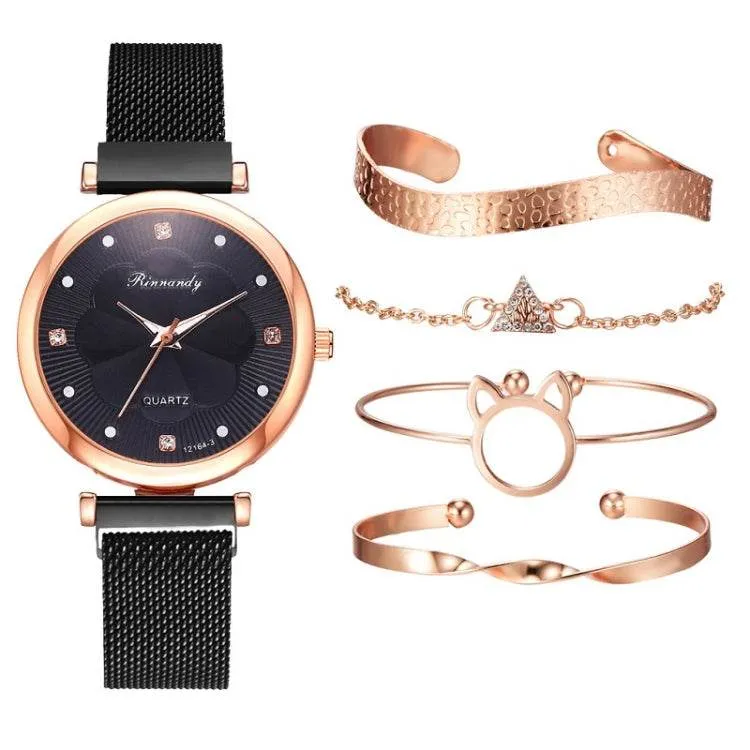 Elegant Floral Dial Quartz Watch for Women with Alloy Mesh and Magnet Buckle