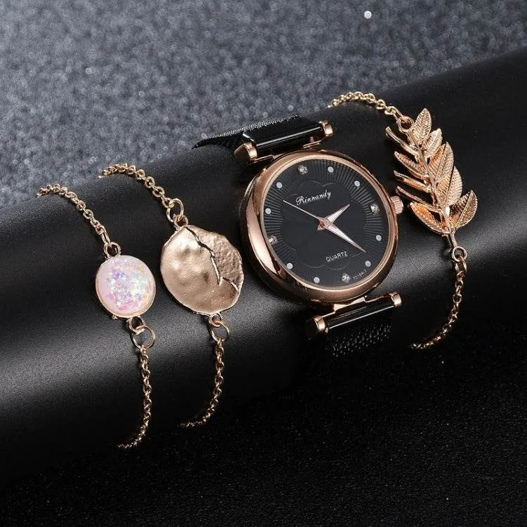 Elegant Floral Dial Quartz Watch for Women with Alloy Mesh and Magnet Buckle