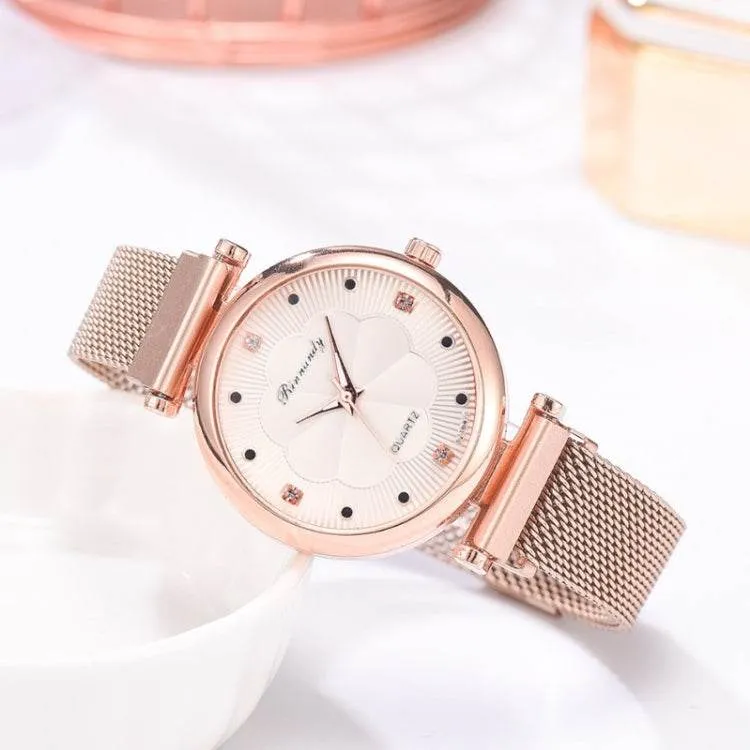 Elegant Floral Dial Quartz Watch for Women with Alloy Mesh and Magnet Buckle