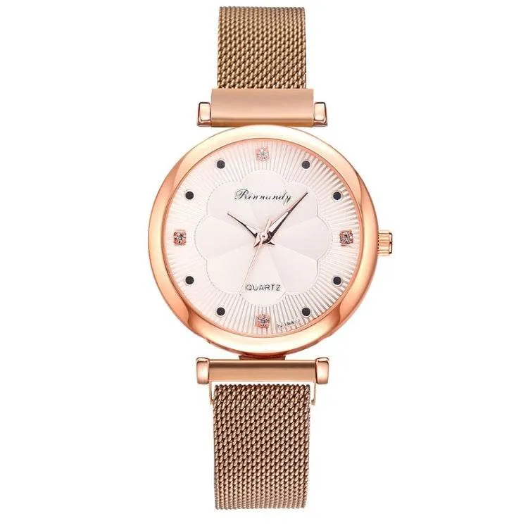 Elegant Floral Dial Quartz Watch for Women with Alloy Mesh and Magnet Buckle