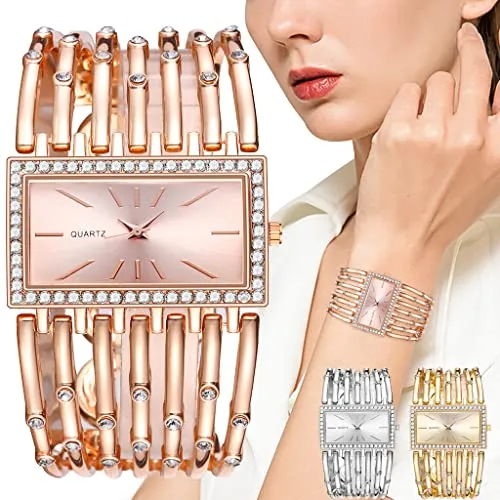 Fashion Bracelet Watches for Women Luxury Rectangular Dial Analog Quartz Wrist Watch Gifts for Ladies (Diamond Rose Gold)