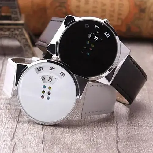 Fashion Creative Dial Moveable Digital Watch Unisex Leather Band Quartz Sport Wristwatch