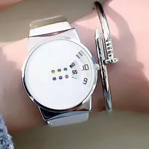 Fashion Creative Dial Moveable Digital Watch Unisex Leather Band Quartz Sport Wristwatch