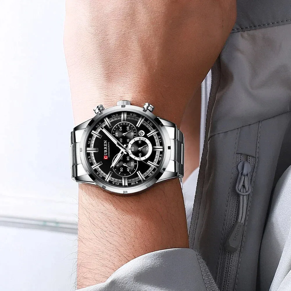 Fashion Quartz Watches Classic Silver and Black Clock Male Watch Mens Wristwatch with Calendar Chronograph