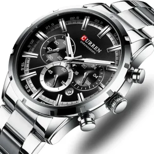 Fashion Quartz Watches Classic Silver and Black Clock Male Watch Mens Wristwatch with Calendar Chronograph