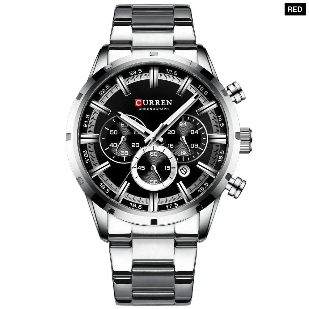 Fashion Quartz Watches Classic Silver and Black Clock Male Watch Mens Wristwatch with Calendar Chronograph