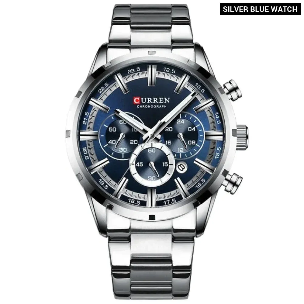 Fashion Quartz Watches Classic Silver and Black Clock Male Watch Mens Wristwatch with Calendar Chronograph