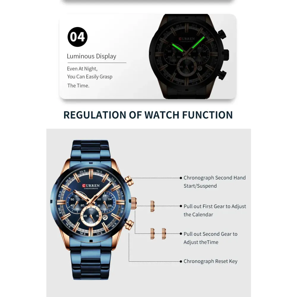 Fashion Quartz Watches Classic Silver and Black Clock Male Watch Mens Wristwatch with Calendar Chronograph