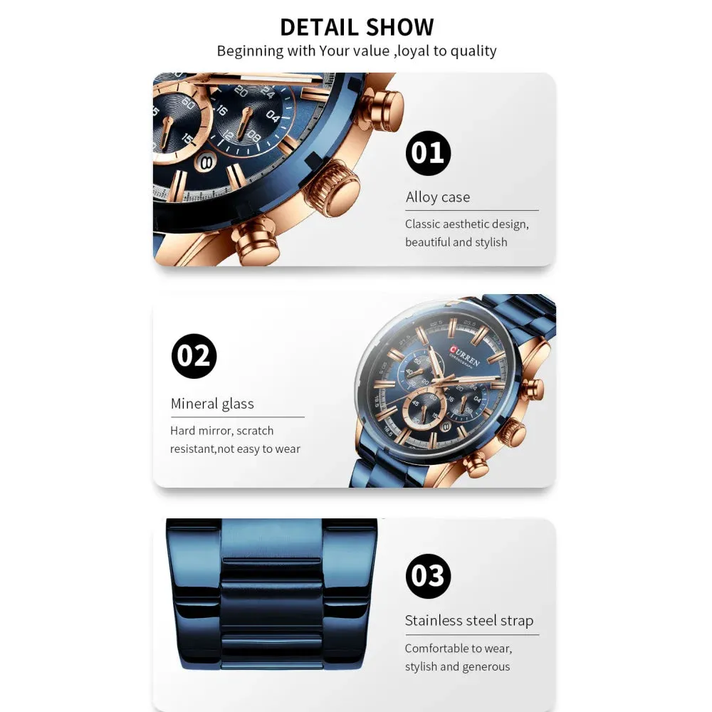 Fashion Quartz Watches Classic Silver and Black Clock Male Watch Mens Wristwatch with Calendar Chronograph