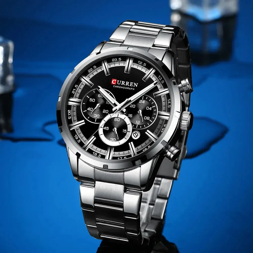 Fashion Quartz Watches Classic Silver and Black Clock Male Watch Mens Wristwatch with Calendar Chronograph