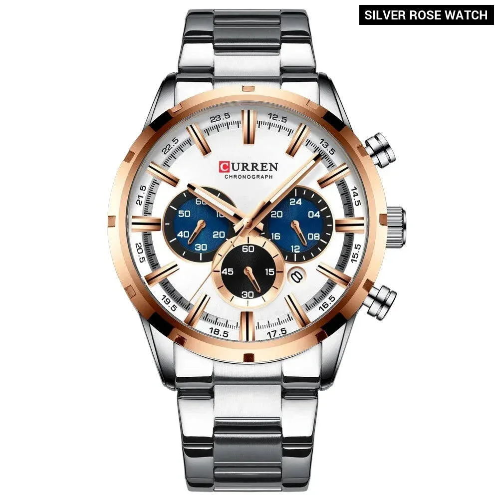 Fashion Quartz Watches Classic Silver and Black Clock Male Watch Mens Wristwatch with Calendar Chronograph