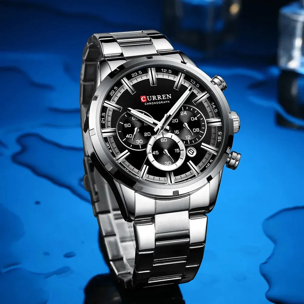 Fashion Quartz Watches Classic Silver and Black Clock Male Watch Mens Wristwatch with Calendar Chronograph