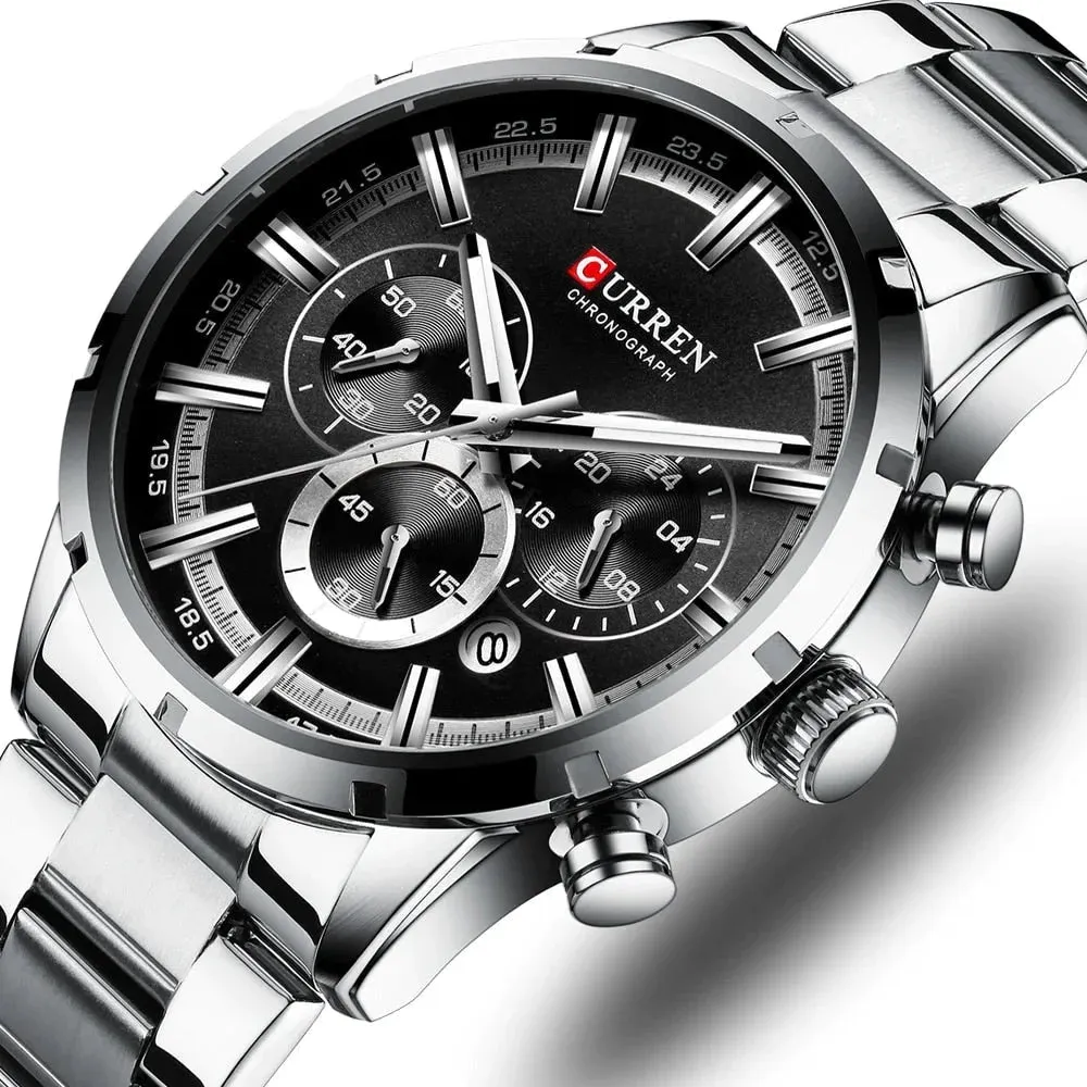 Fashion Quartz Watches Classic Silver and Black Clock Male Watch Mens Wristwatch with Calendar Chronograph