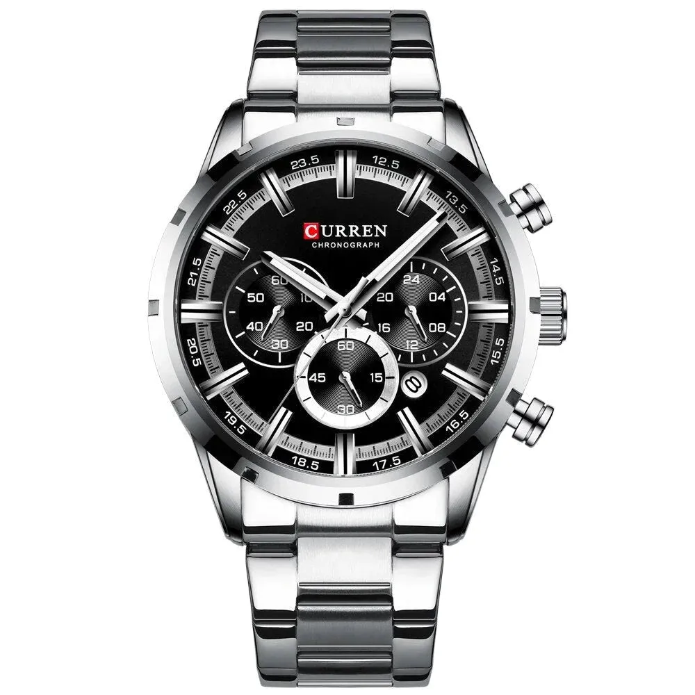 Fashion Quartz Watches Classic Silver and Black Clock Male Watch Mens Wristwatch with Calendar Chronograph