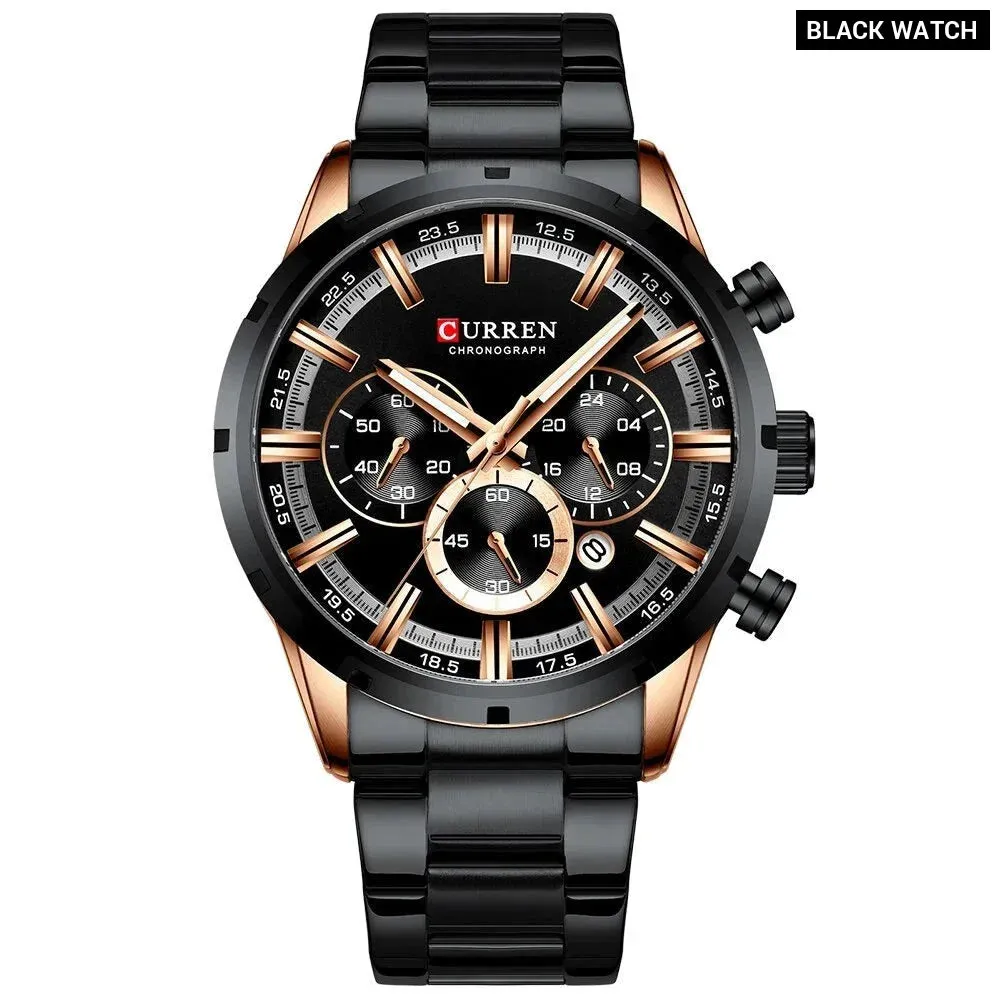 Fashion Quartz Watches Classic Silver and Black Clock Male Watch Mens Wristwatch with Calendar Chronograph