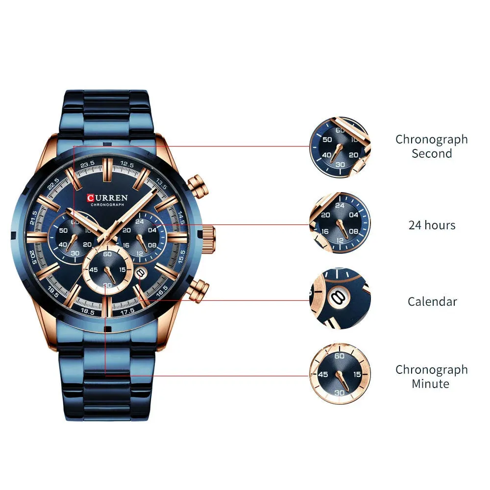 Fashion Quartz Watches Classic Silver and Black Clock Male Watch Mens Wristwatch with Calendar Chronograph