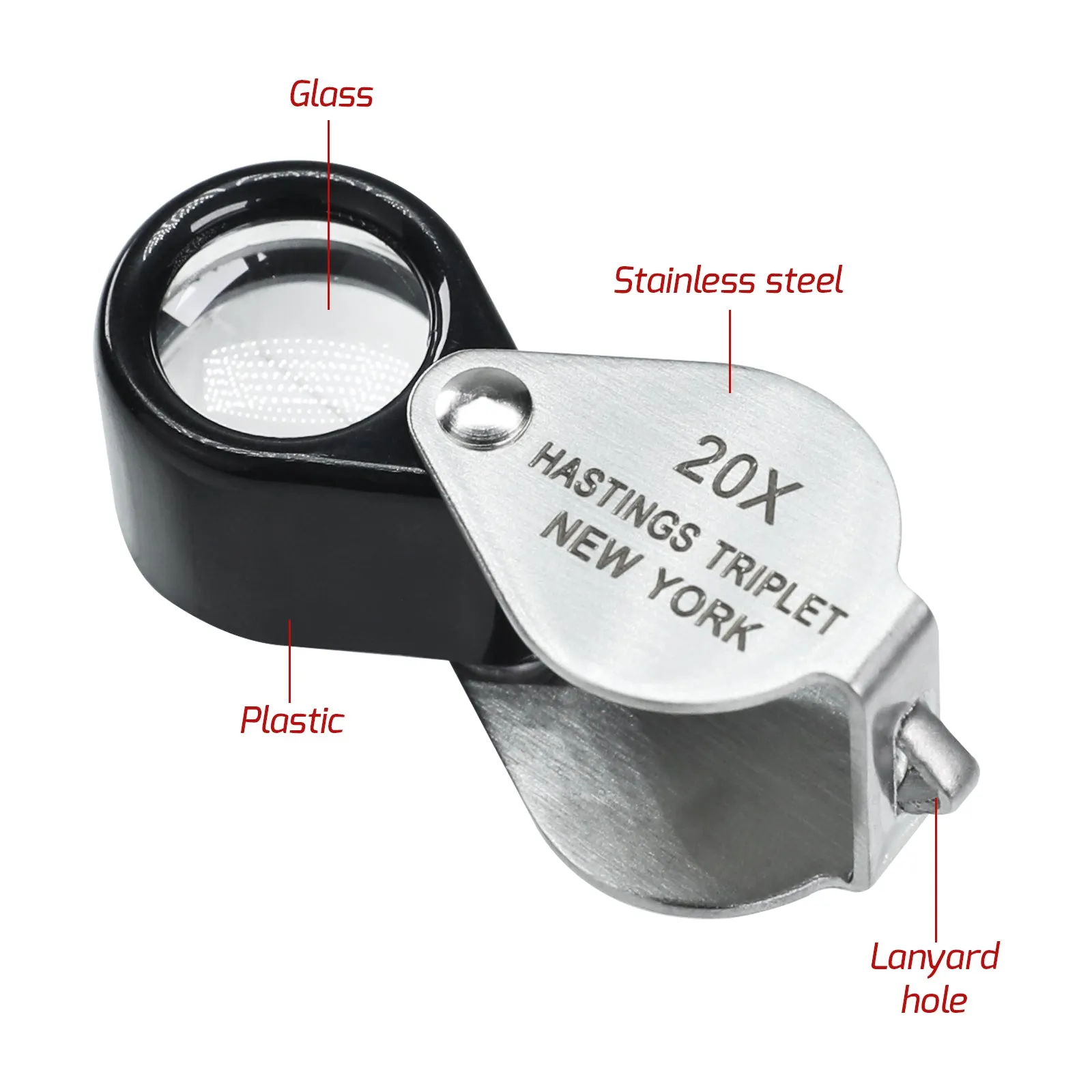 GEM-395 20x Magnification Hasting Jewelry Mini Loupe Optical Glass Triplet Lens Stainless Steel Body Foldaway Pocket Magnifying Tool Stamp & Coin Hobbyists Watch Repair Mechanic