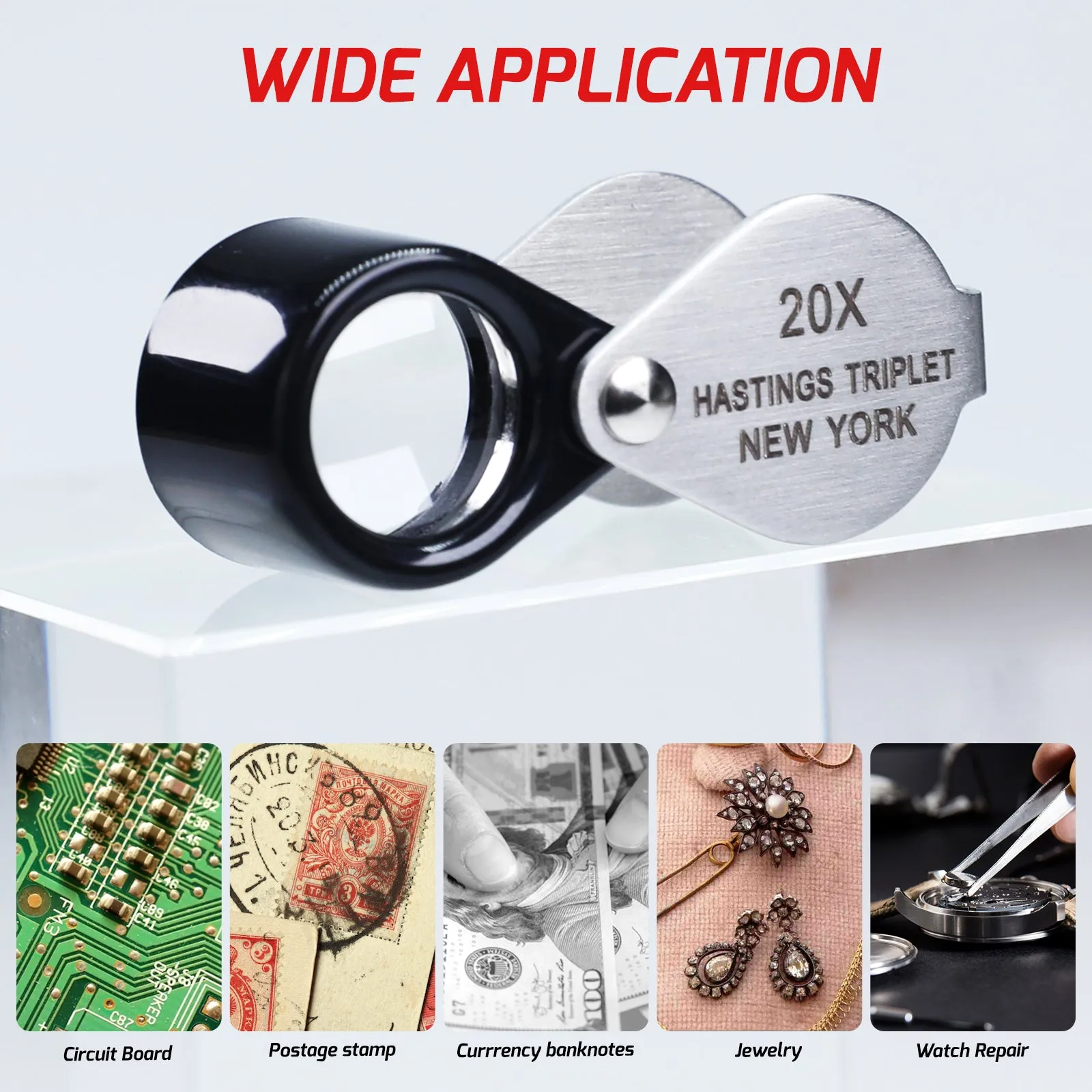 GEM-395 20x Magnification Hasting Jewelry Mini Loupe Optical Glass Triplet Lens Stainless Steel Body Foldaway Pocket Magnifying Tool Stamp & Coin Hobbyists Watch Repair Mechanic