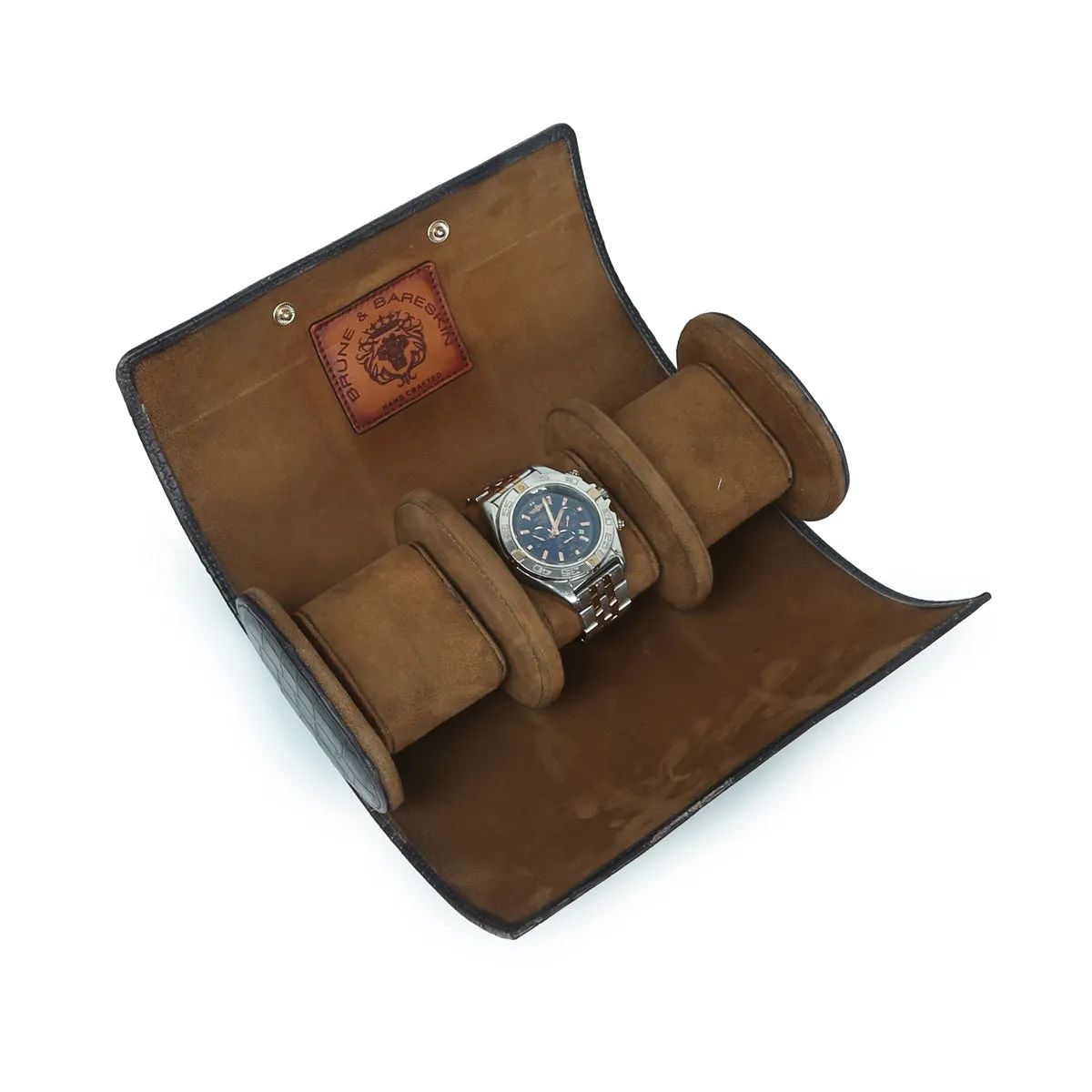 Grey Smokey Finish Deep Cut Croco Leather Wrist Watch Roll by Brune & Bareskin