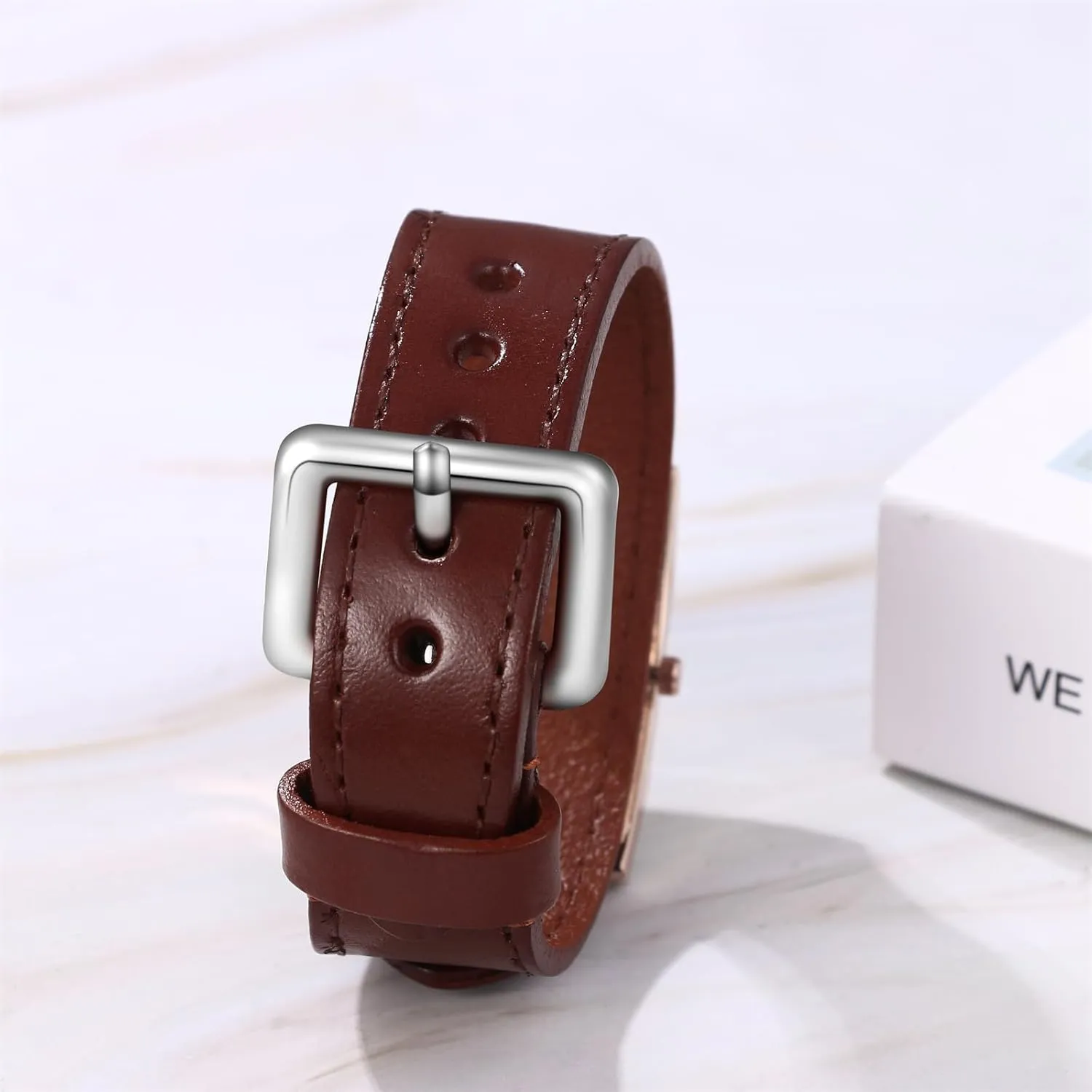 JewelryWe Vintage Square Leather Watches: Iced-Out Quartz Analog Wristwatch Classic Rectangular Cuff Watches for Women,