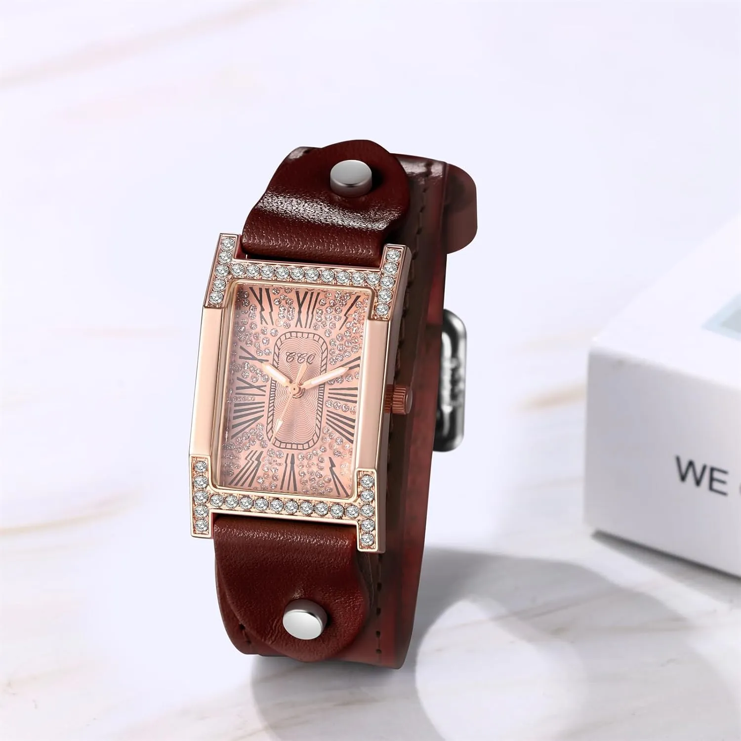 JewelryWe Vintage Square Leather Watches: Iced-Out Quartz Analog Wristwatch Classic Rectangular Cuff Watches for Women,