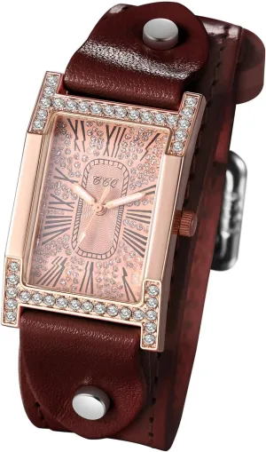 JewelryWe Vintage Square Leather Watches: Iced-Out Quartz Analog Wristwatch Classic Rectangular Cuff Watches for Women,