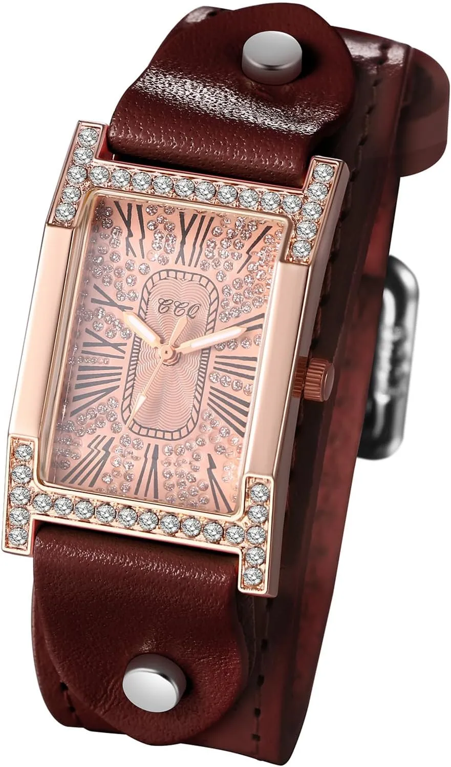 JewelryWe Vintage Square Leather Watches: Iced-Out Quartz Analog Wristwatch Classic Rectangular Cuff Watches for Women,