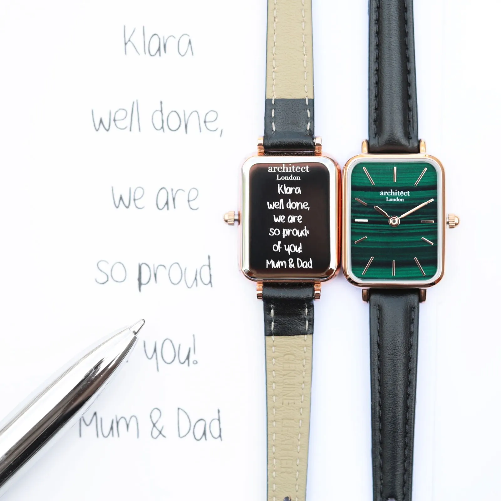 Ladies Handwriting Engraved Watch in Pine Green