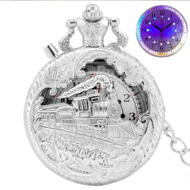 Luminous LED Light  Bronze Train Locomotive Engine Quartz Pocket Watch
