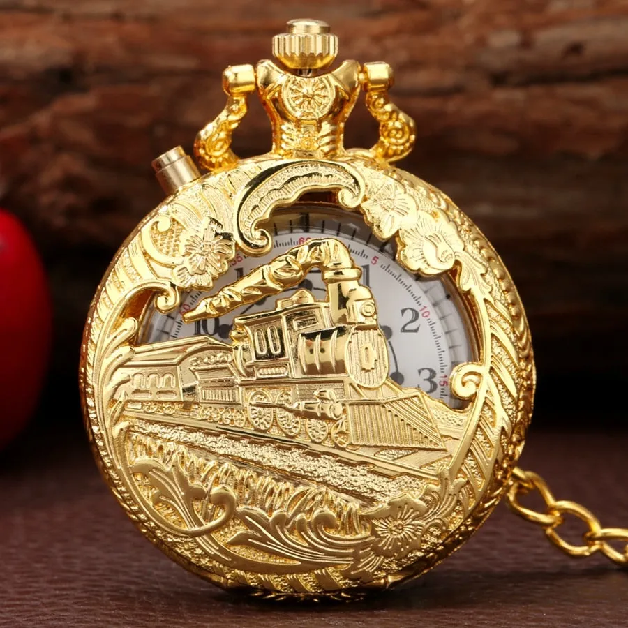 Luminous LED Light  Bronze Train Locomotive Engine Quartz Pocket Watch