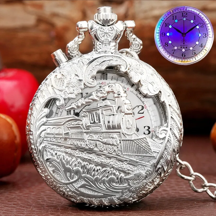 Luminous LED Light  Bronze Train Locomotive Engine Quartz Pocket Watch