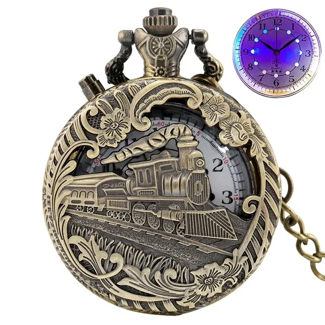 Luminous LED Light  Bronze Train Locomotive Engine Quartz Pocket Watch