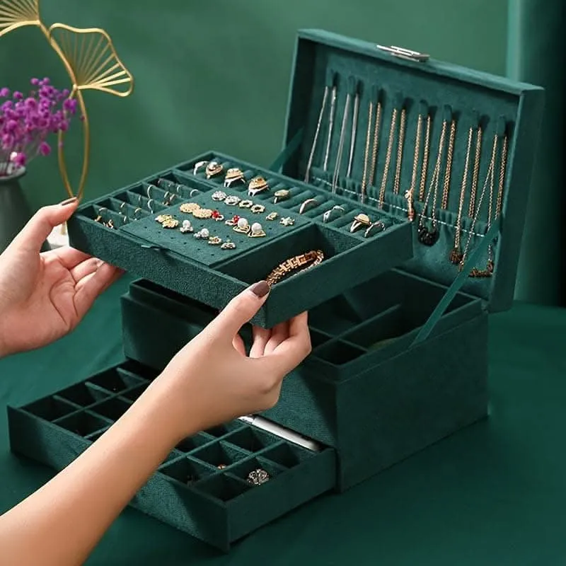 Luxurious 3-Layer Jewelry Box – Flannelette & Lockable