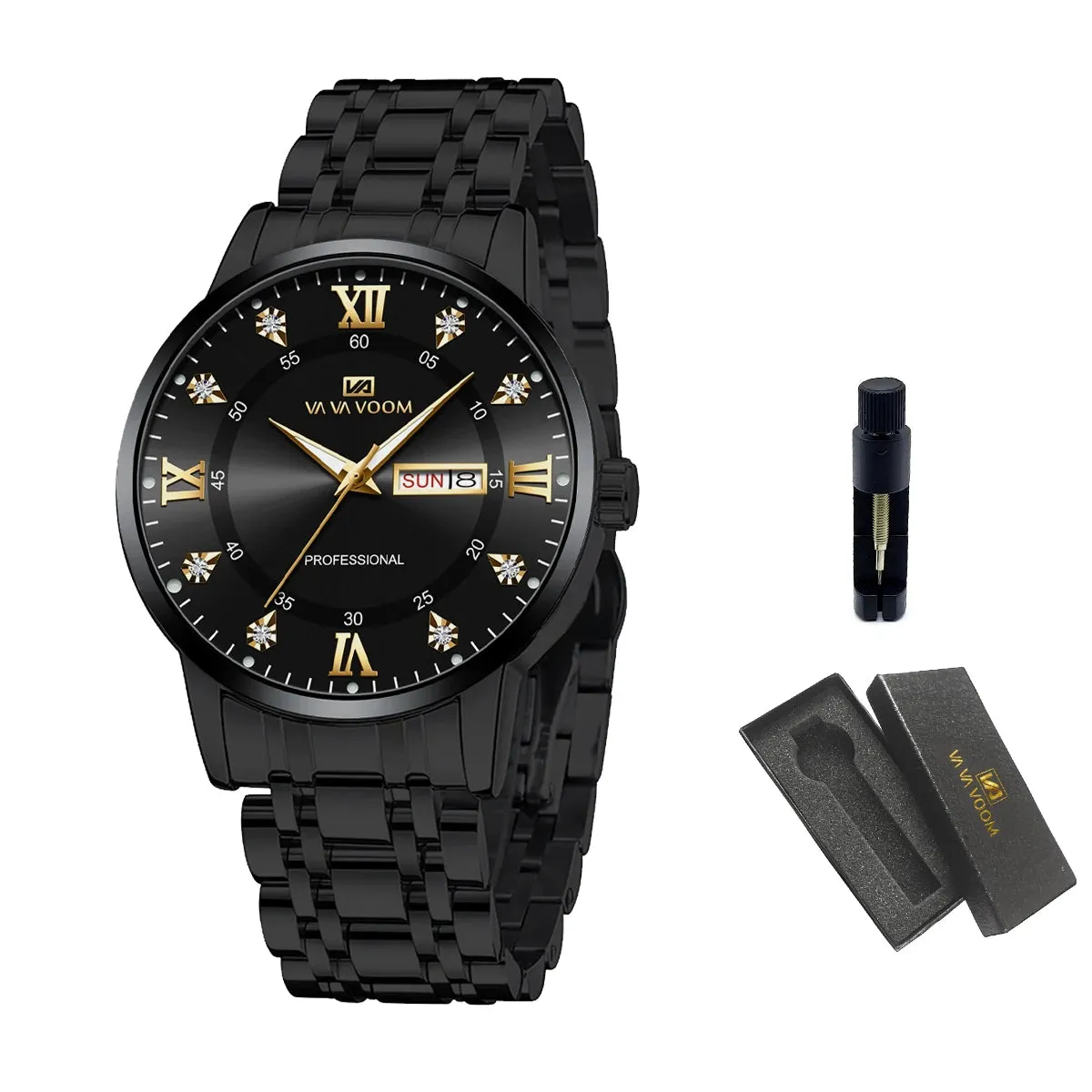 Luxurious Watch For Men US Fast Delivery Golden Black Rhinestone Moonlight Stainless Steel Business Leisure Quartz 1 Set Watches