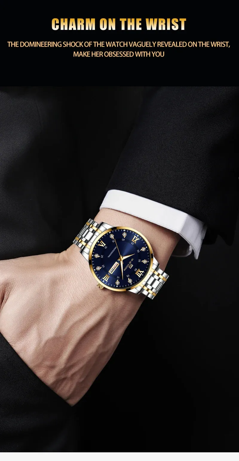 Luxurious Watch For Men US Fast Delivery Golden Black Rhinestone Moonlight Stainless Steel Business Leisure Quartz 1 Set Watches