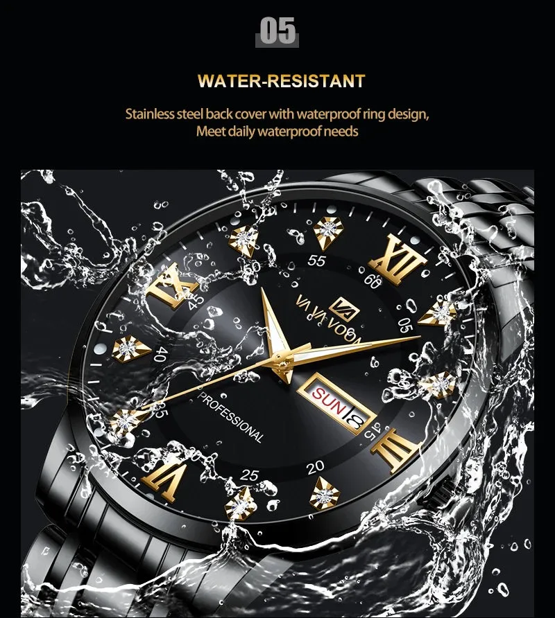 Luxurious Watch For Men US Fast Delivery Golden Black Rhinestone Moonlight Stainless Steel Business Leisure Quartz 1 Set Watches